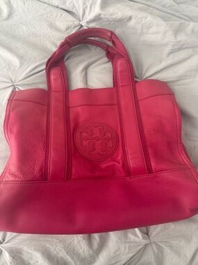 Tory Burch Bright PinkLeather Tote with Logo